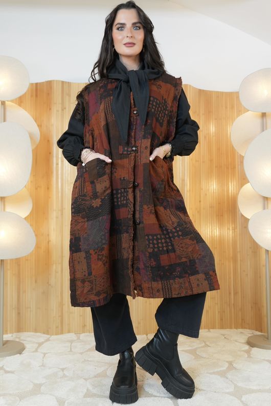 Patchwork Longline Gilet Jacket Rust